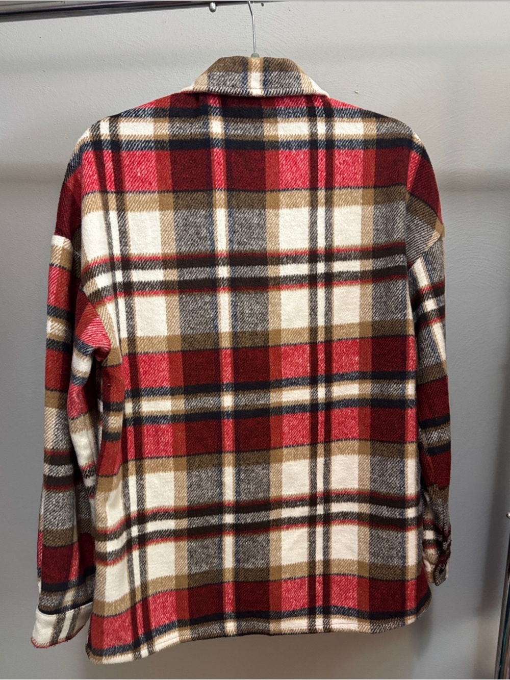 Plaid Button-Up Shacket in Red, Cream & Tan - Picture 5 of 7